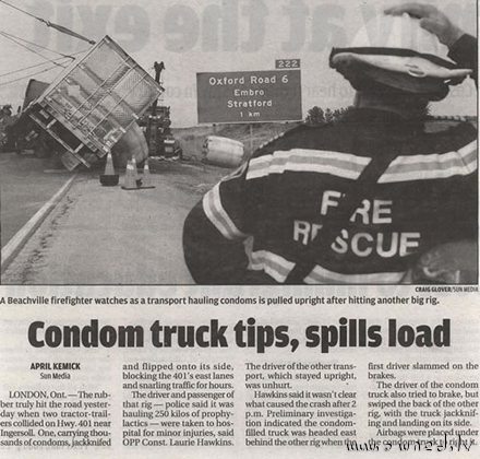 Condom truck tips and spills load