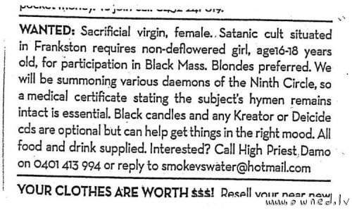 Sacrificial virgin wanted